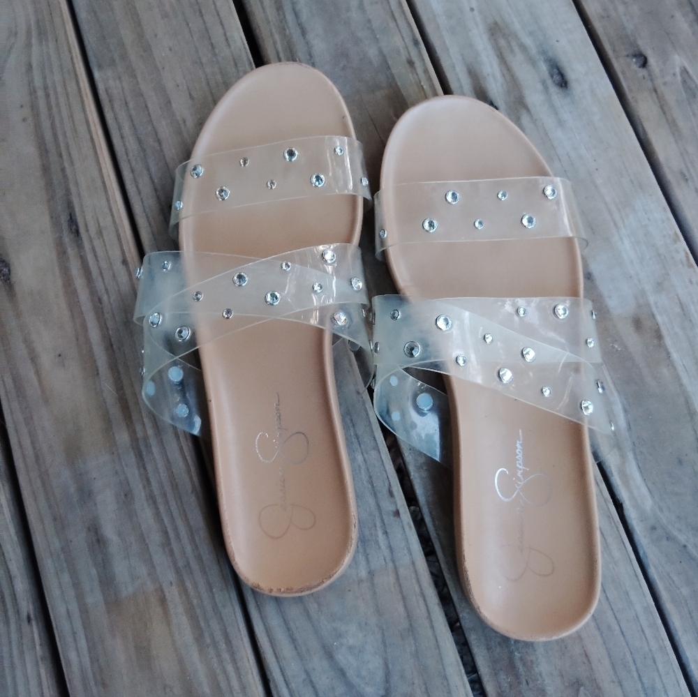Women's Jessica Simpson Clear Slip on Sandals with Sparkly Rhinestones Size 8